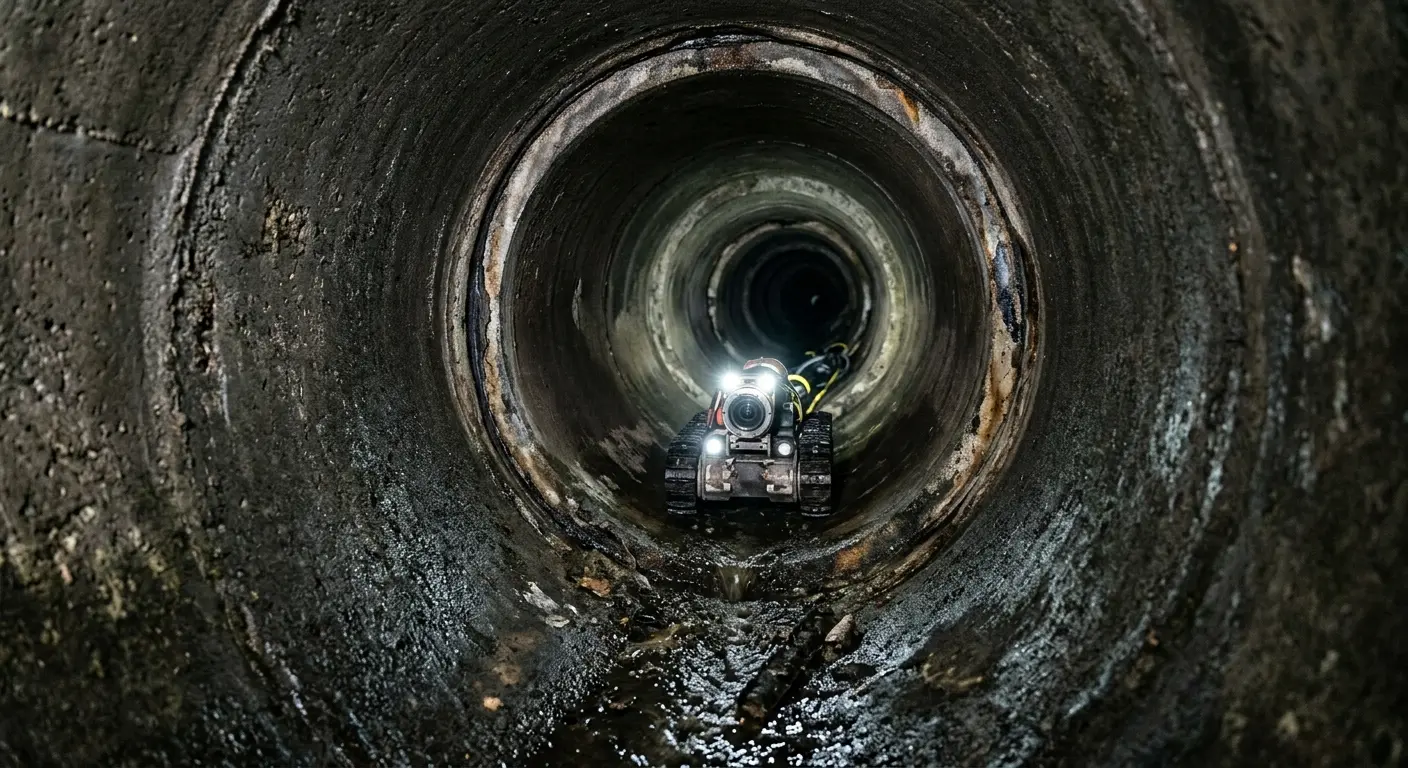 Robotic sewer camera inspecting pipe interior for Sewer Line Cleaning in Forney