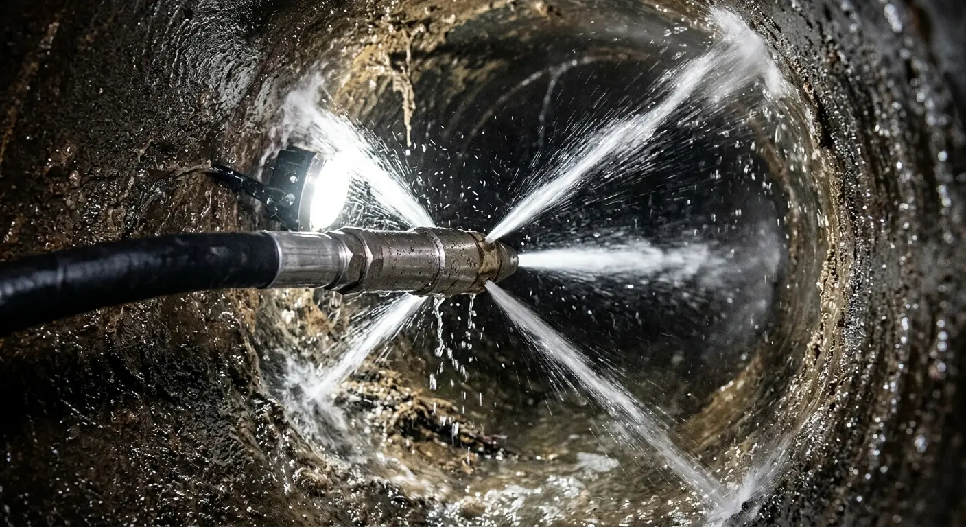High-pressure hydro jetting nozzle cleaning sewer pipe for Emergency Drain Service in Forney