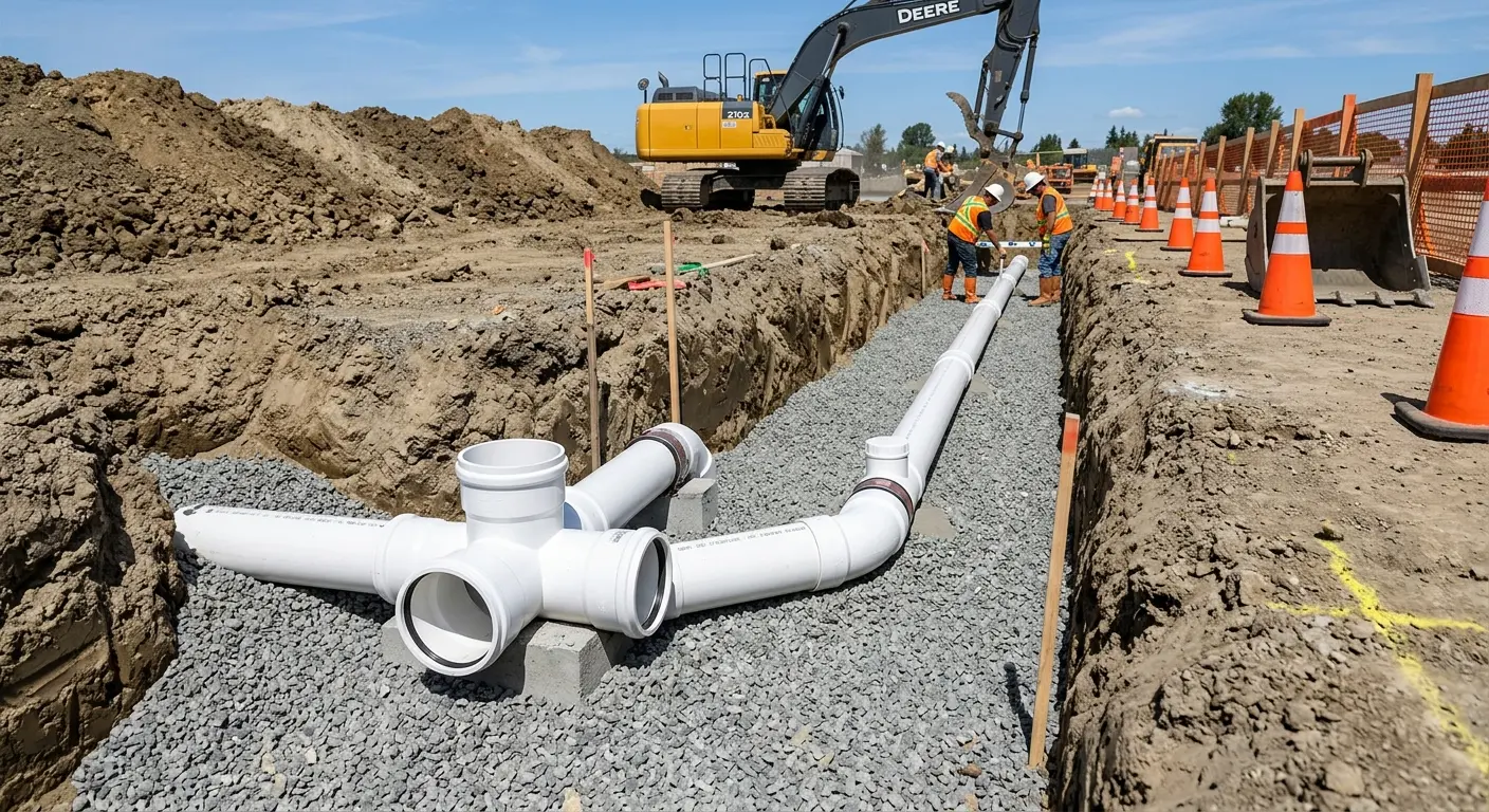 New PVC sewer pipe installation in open trench for Commercial Drain Cleaning in Forney