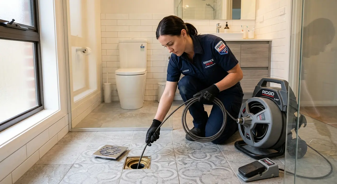 Technician clearing a bathroom floor drain for Clogged Drain Repair in Forney